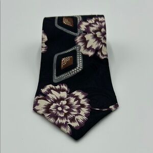 Vintage Bugatti Silk Tie Black Purple Floral Geometric Maximalist Archive Formal
